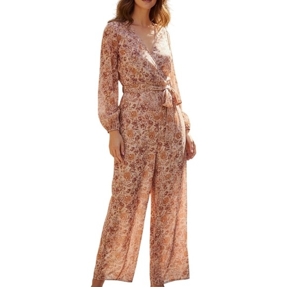 On Twelfth Pants - On Twelfth Floral Wide Leg Jumpsuit Womens Medium Rust Boho Metallic Long Sleeve